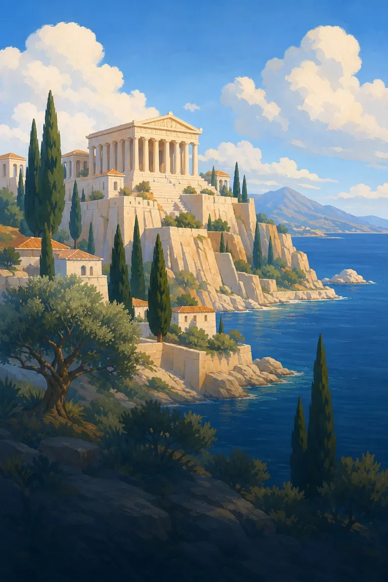 A white Greek temple on a sunlit cliff above a deep blue sea.