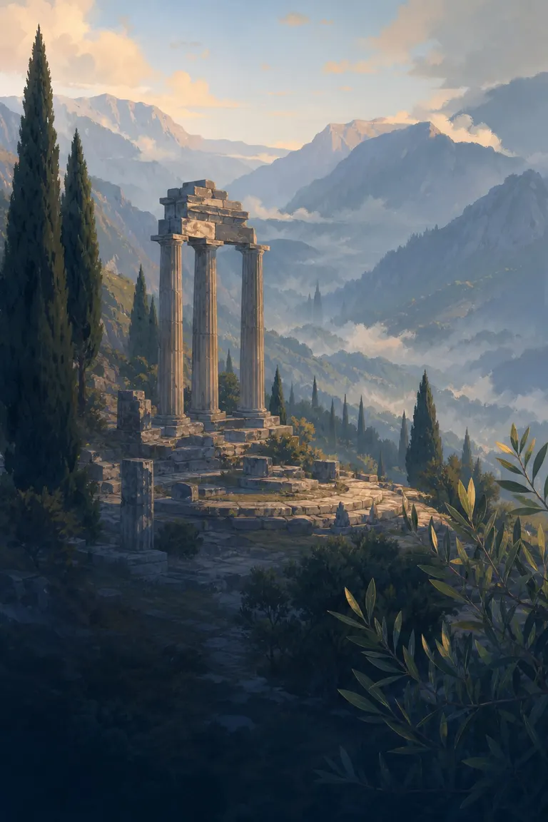 Ruined columns of a sanctuary on a misty mountainside.