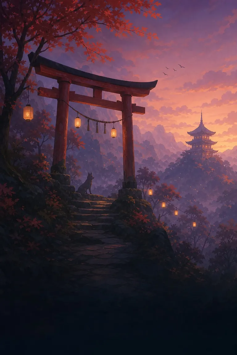A vermilion torii gate on a misty path at dusk.