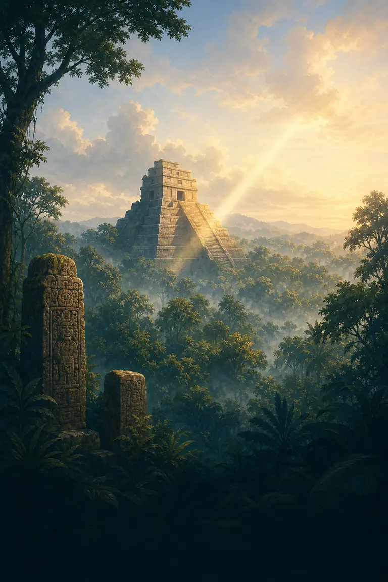 A temple pyramid rising from jungle canopy at dawn.