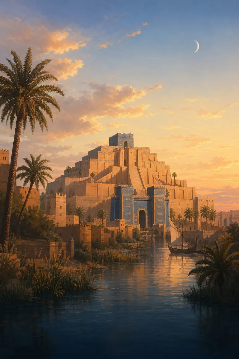 A mudbrick ziggurat and a blue-glazed gate at golden dusk.