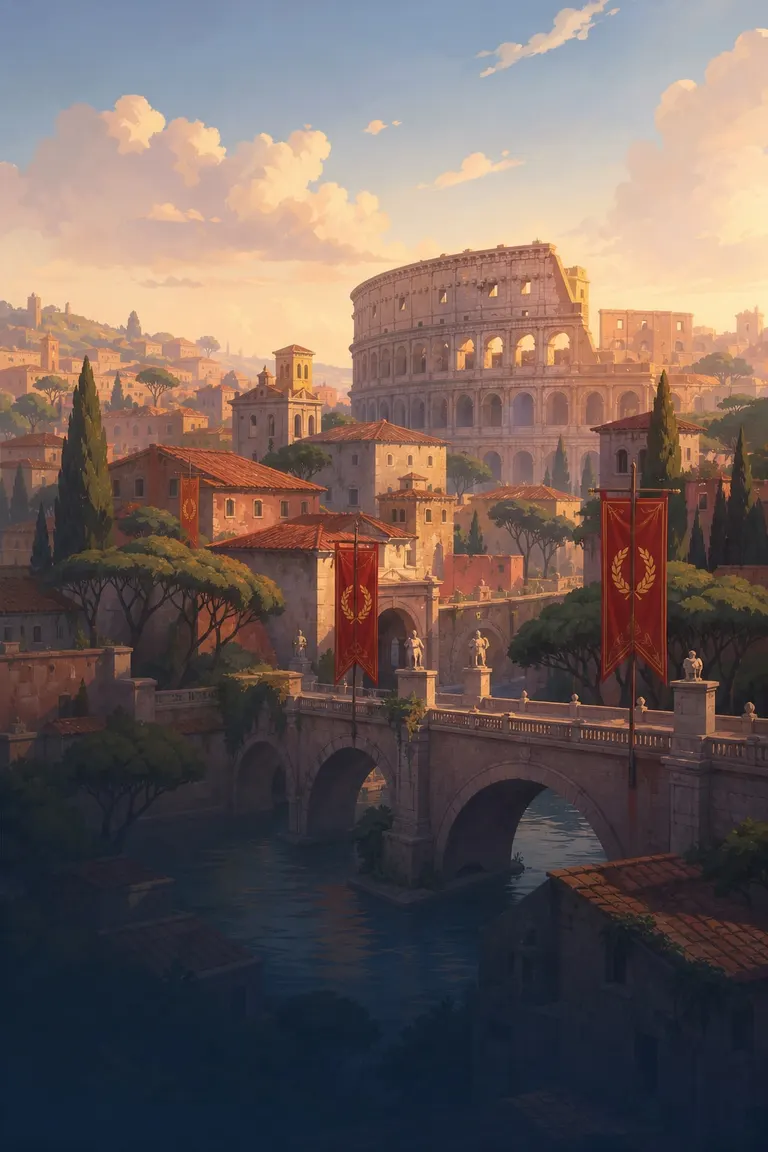 The Colosseum and terracotta rooftops with red banners.