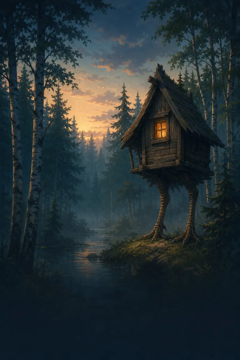 A small hut on chicken legs glowing in a dark birch forest.