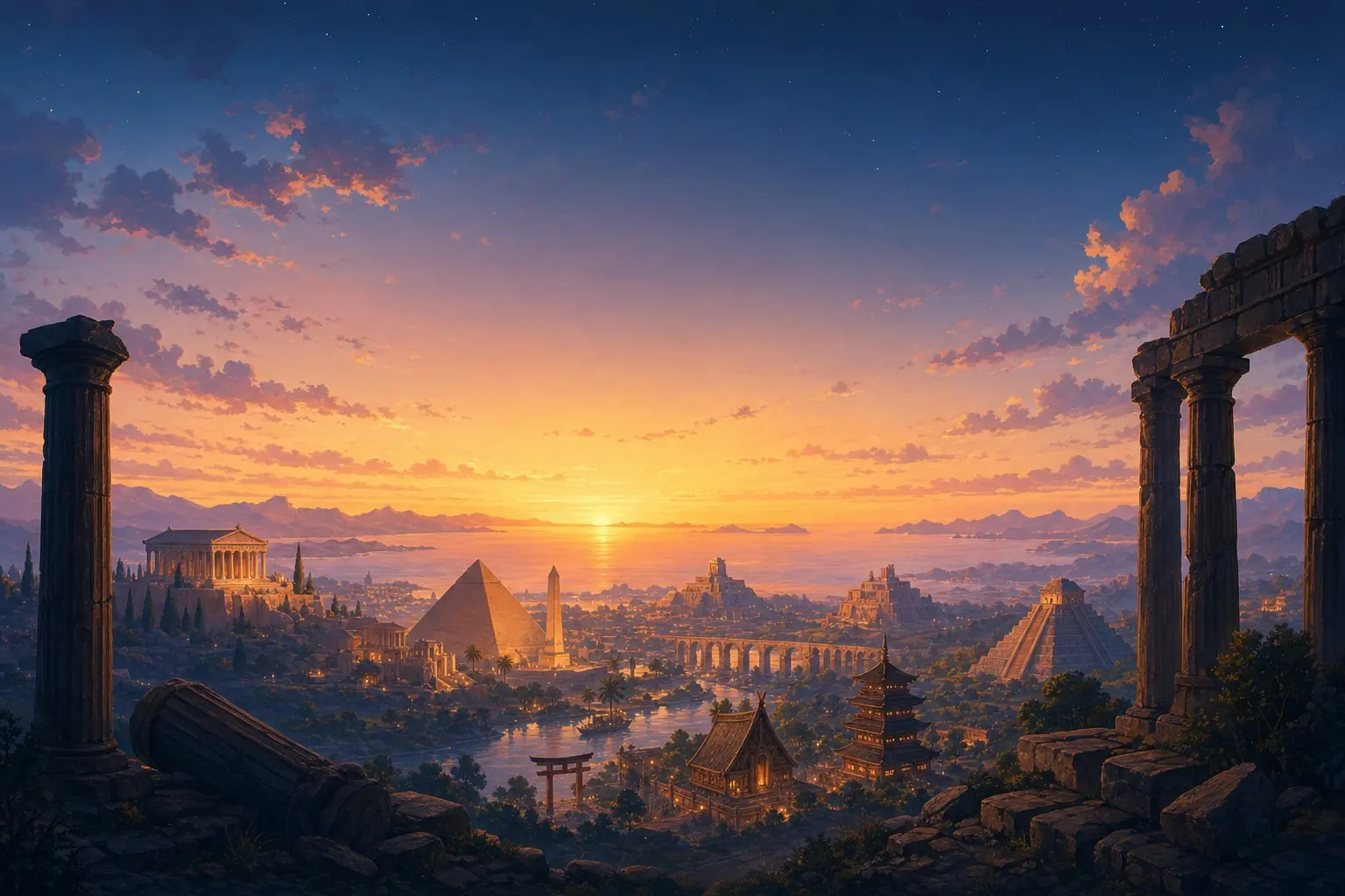 A dusk landscape where many civilizations share one valley: a Greek temple, an Egyptian pyramid, a Roman aqueduct, a Maya pyramid, a Norse hall and a Japanese pagoda.